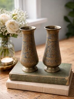 Decorative Brass Floral Etched Vases — Antique Gold Pair